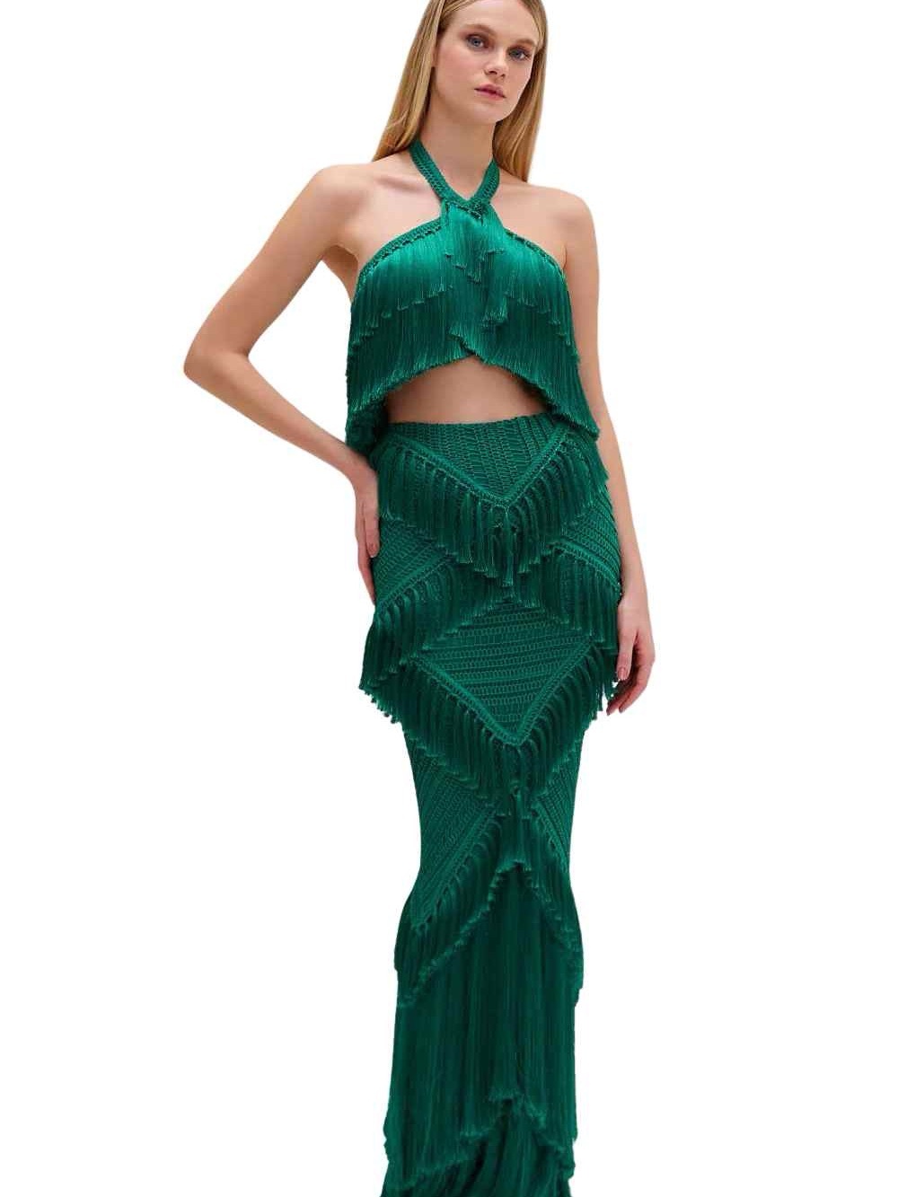 Patbo Emerald Green Jade Fringe Crochet Halter top and Maxi skirt set XS/S NEW